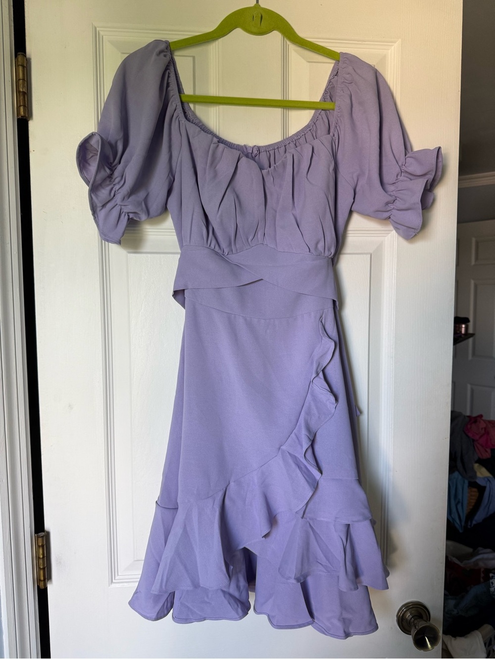 Lilac Puff-Sleeve Ruffle Midi Dress